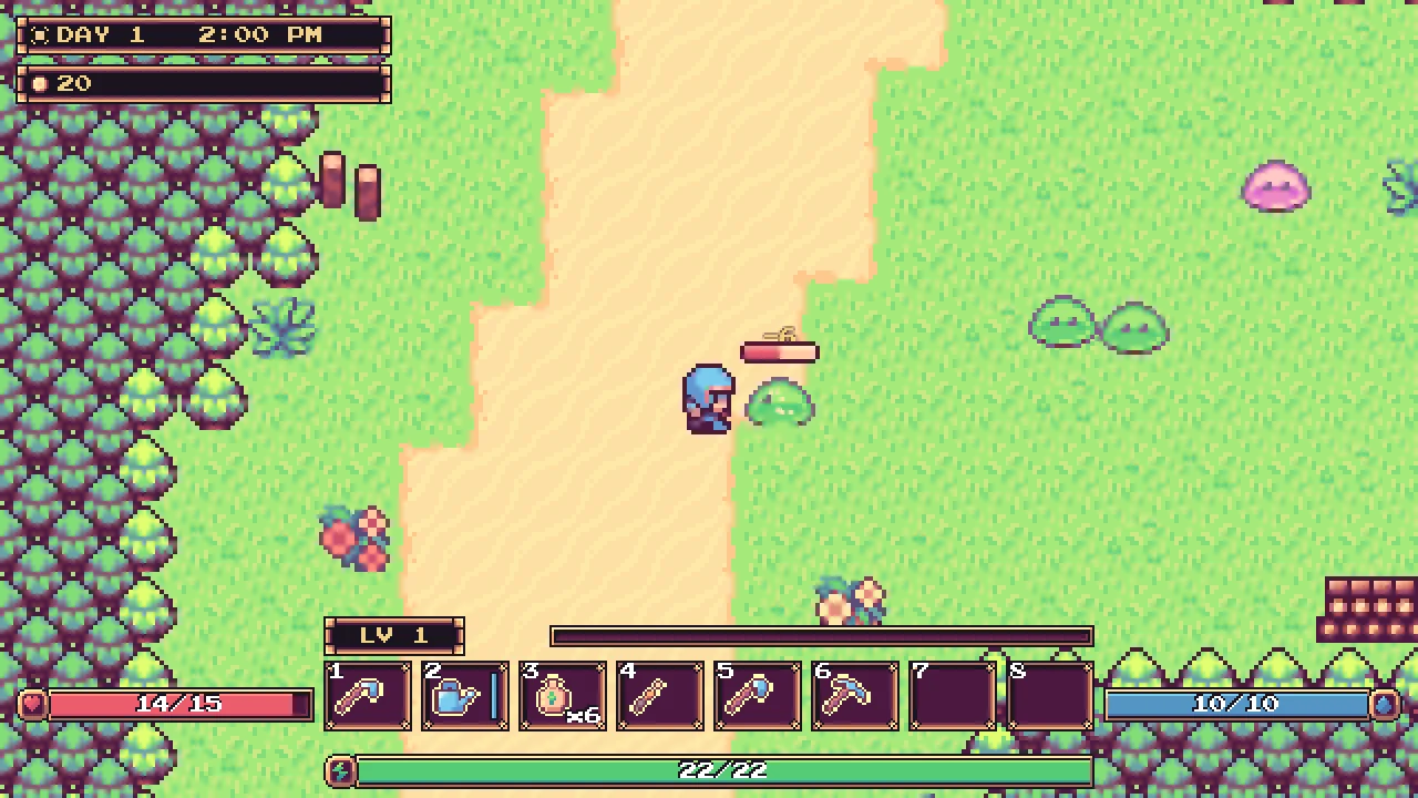 Real play: the player on the forest road next to a slime, with the hotbar, health, mana and stamina bars along the bottom